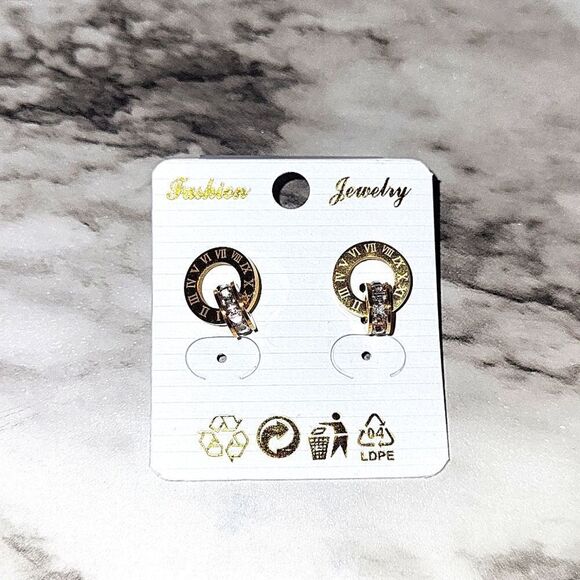 Round Letter Stainless Steel Plating Zircon Earrings - Picture 13 of 17